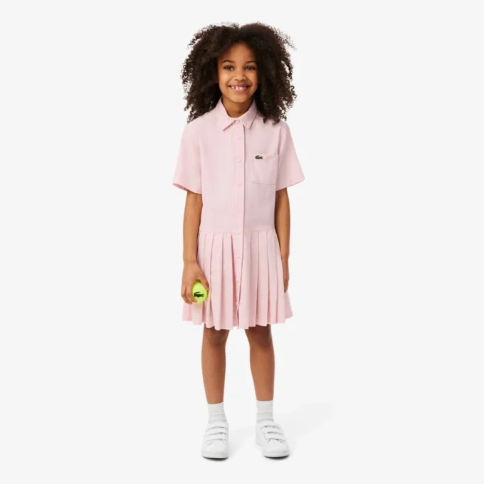 Vestido-camisa com saia plissada em popeline