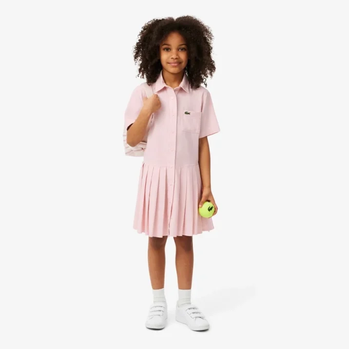 Vestido-camisa com saia plissada em popeline