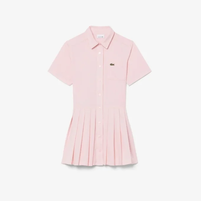 Vestido-camisa com saia plissada em popeline