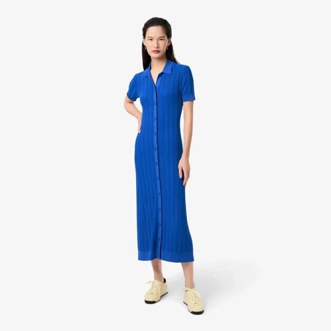 Vestido de malha canelada com gola de polo para mulher
