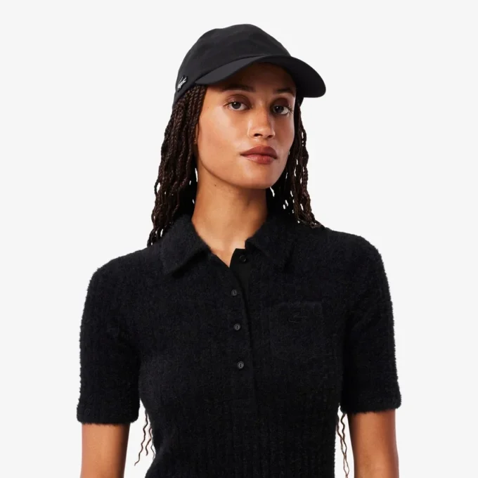 Vestido de malha felpuda com canelado e gola de polo para mulher