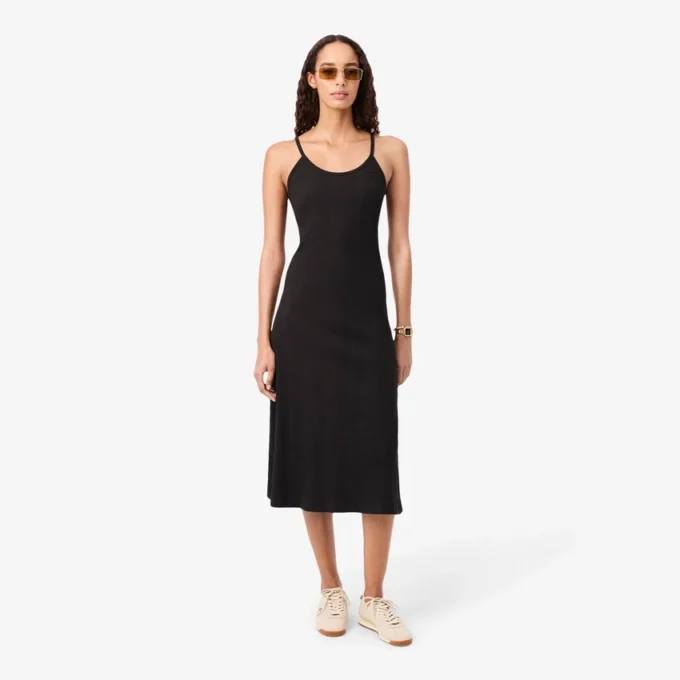 Vestido maxi de alças em malha de algodão com nervuras