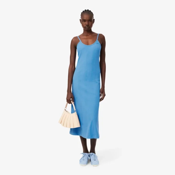 Vestido maxi de alças em malha de algodão com nervuras
