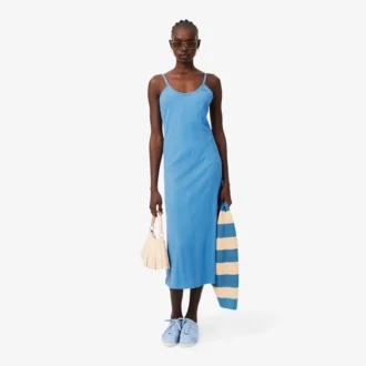 Vestido maxi de alças em malha de algodão com nervuras