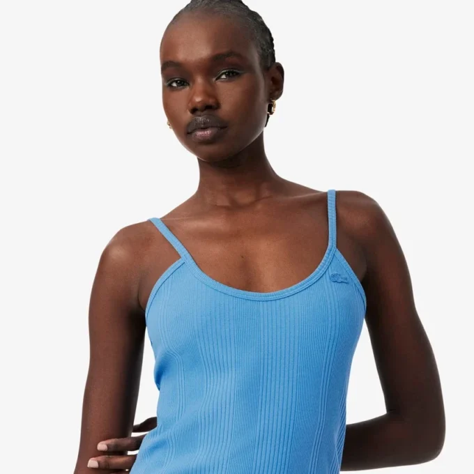 Vestido maxi de alças em malha de algodão com nervuras