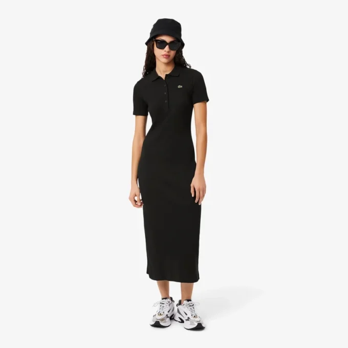 Vestido polo longo de algodão canelado para mulher