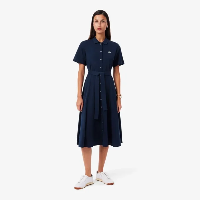 Vestido polo mini-piqué com corte evasê para mulher